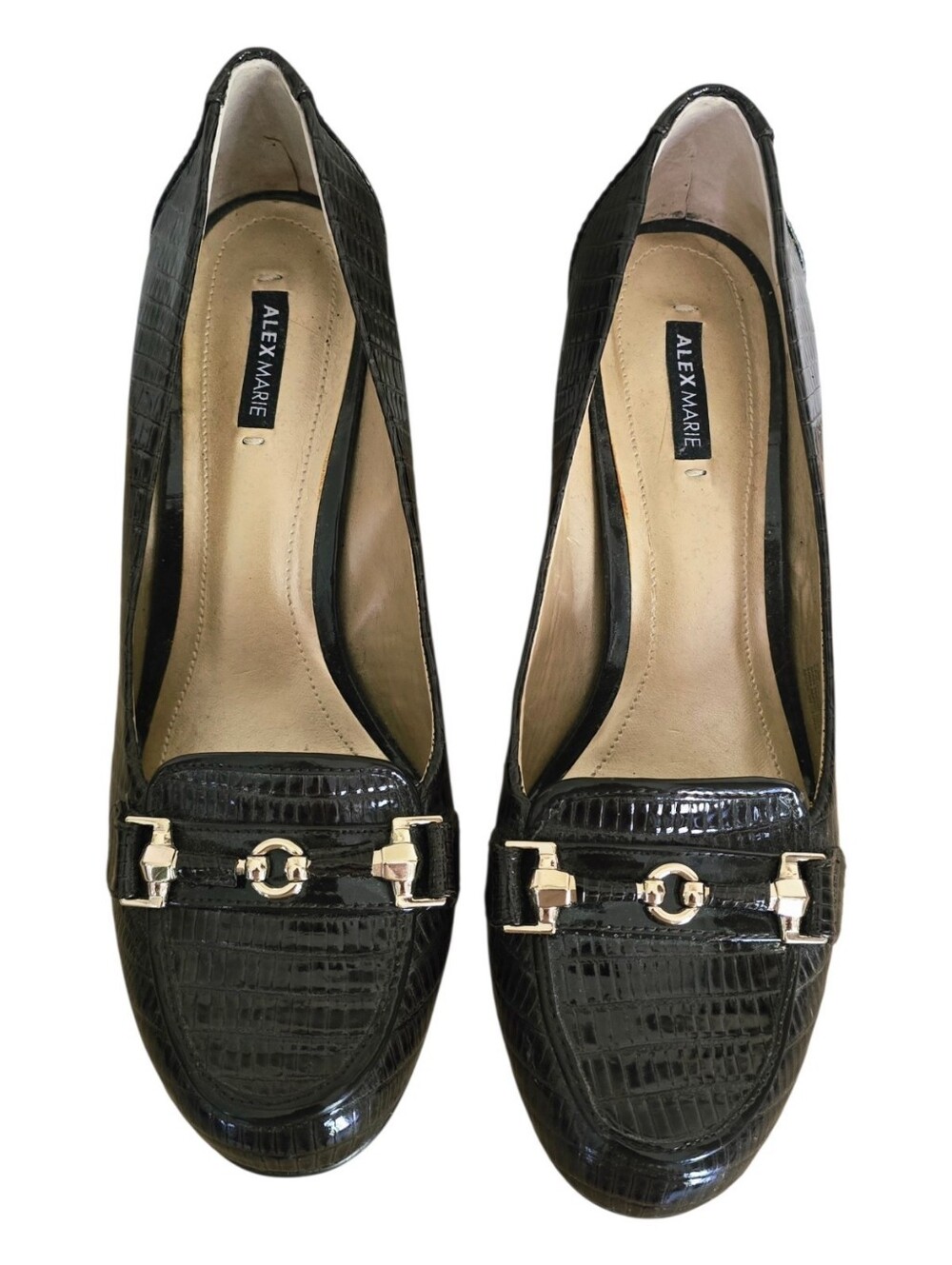 Women's Alex Marie Brown Croc-Embossed Heels with Gold Accent 7.5M